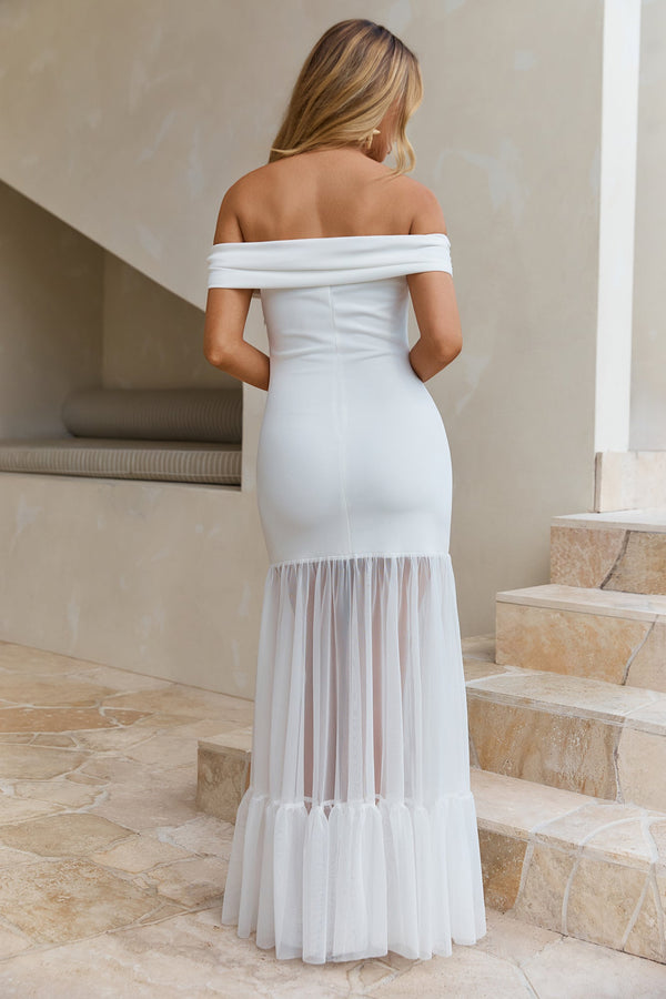Delicate Days Off Shoulder Maxi Dress White