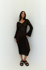 Sailing Into Sunset Knit Long Sleeve Maxi Dress Black