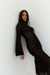Sailing Into Sunset Knit Long Sleeve Maxi Dress Black