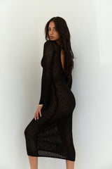 Sailing Into Sunset Knit Long Sleeve Maxi Dress Black