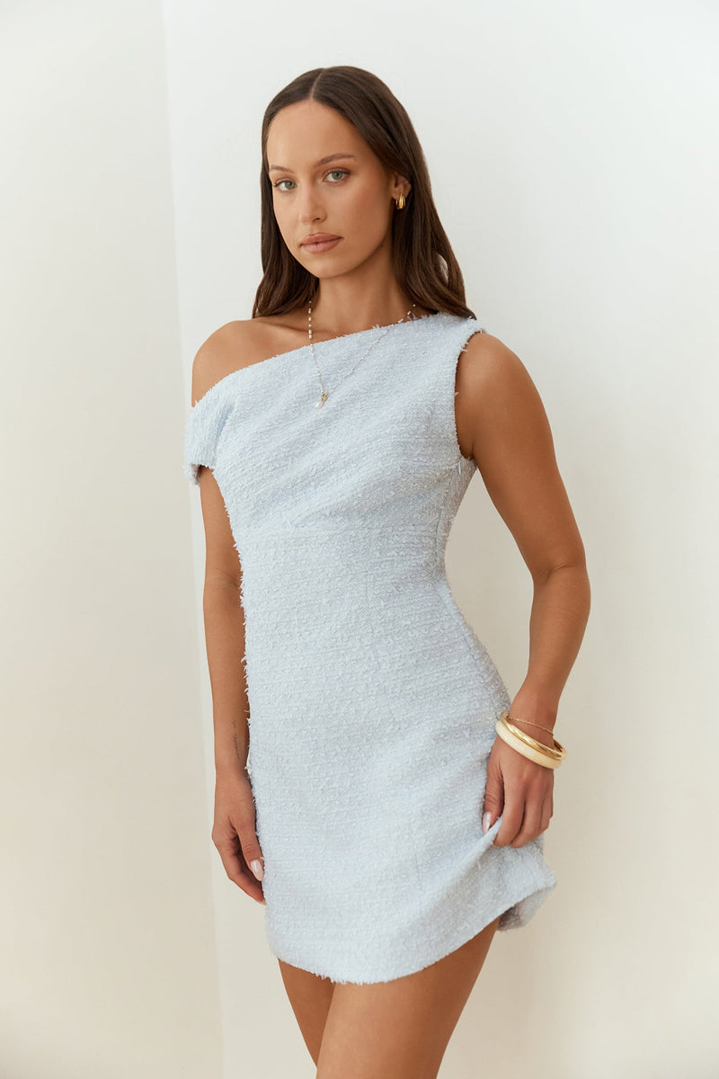 Dreaming Days Off Shoulder Mini Dress Blue