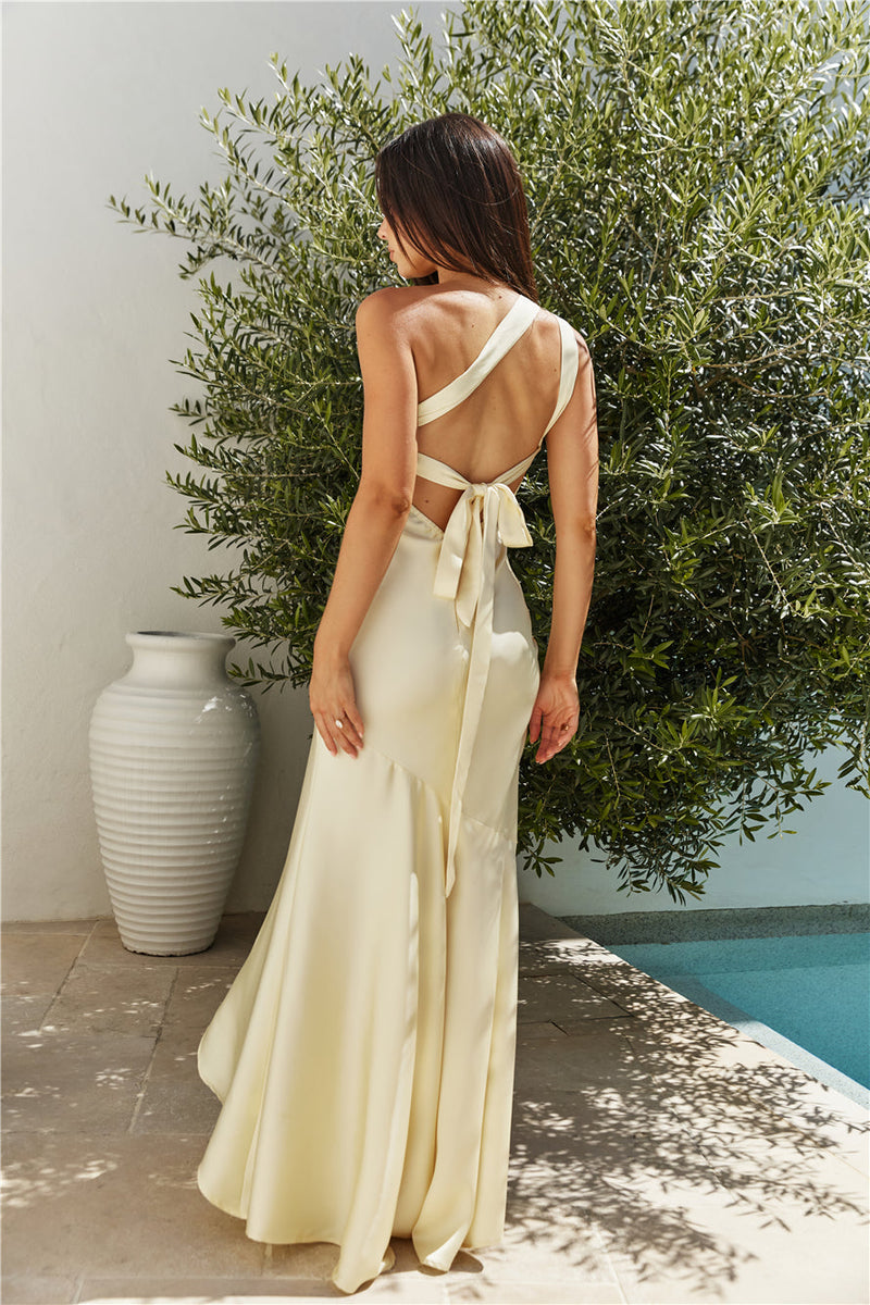 Champagne Chat One Shoulder Maxi Dress Yellow