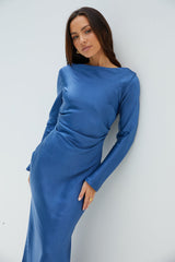 The Forget Me Not Satin Midi Dress Navy