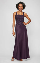 Petite Lace & Satin Gown with 3/4 Sleeve Scalloped Lace Sequin Jacket