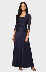 Petite Lace & Satin Gown with 3/4 Sleeve Scalloped Lace Sequin Jacket