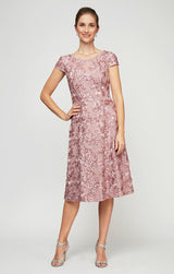 Rosette Sequin Lace Tea-Length Cocktail Dress with Cap Sleeves