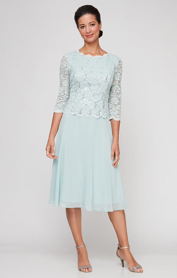 Tea-Length Dress with Sequin Lace Bodice & Chiffon Skirt