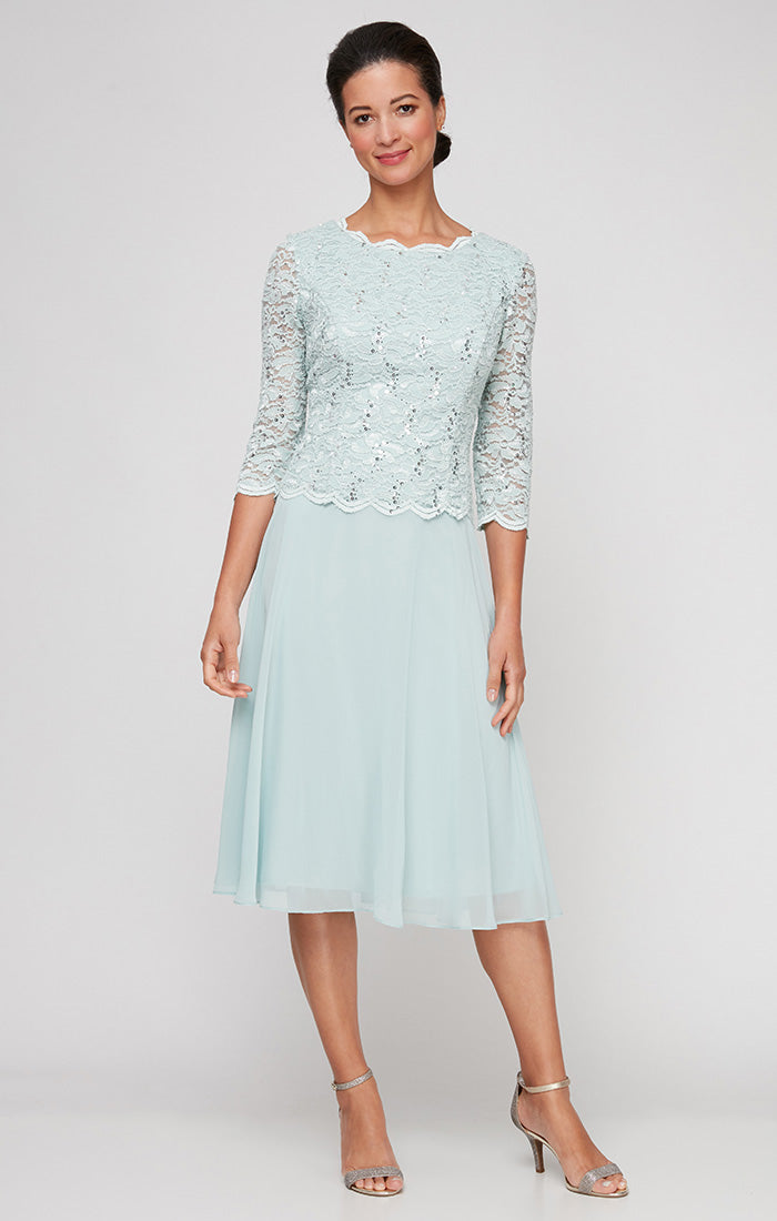 Tea-Length Dress with Sequin Lace Bodice & Chiffon Skirt