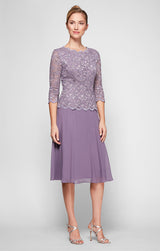 Petite Tea-Length Dress with Sequin Lace Bodice & Chiffon Skirt