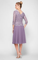 Petite Tea-Length Dress with Sequin Lace Bodice & Chiffon Skirt
