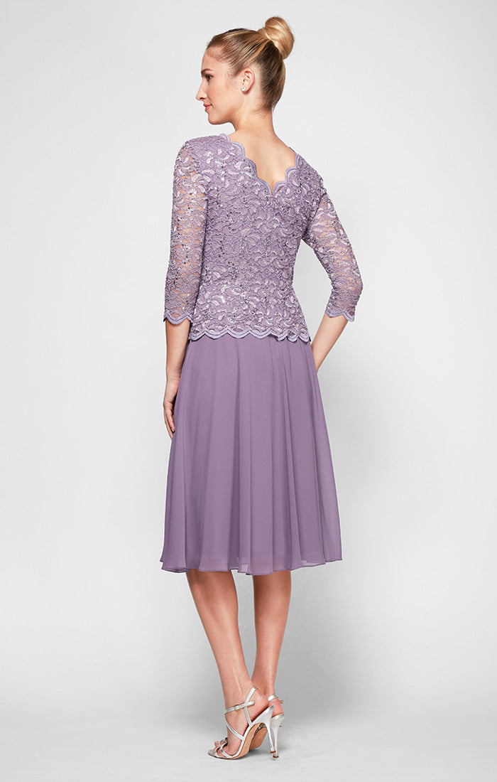 Petite Tea-Length Dress with Sequin Lace Bodice & Chiffon Skirt
