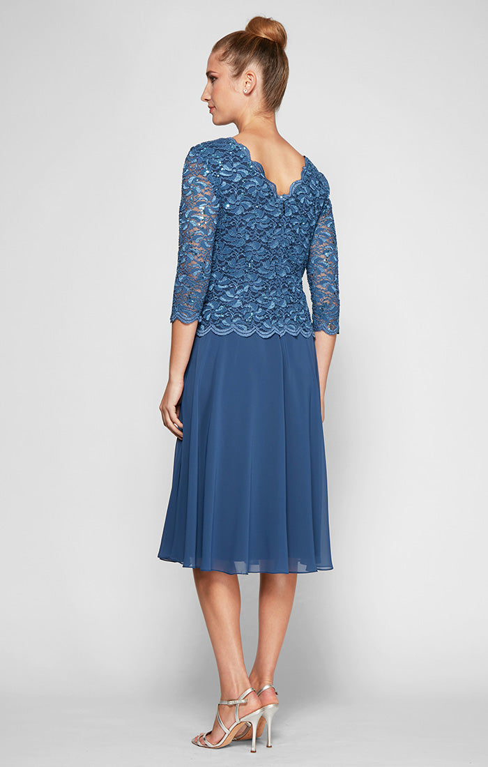 Petite Tea-Length Dress with Sequin Lace Bodice & Chiffon Skirt