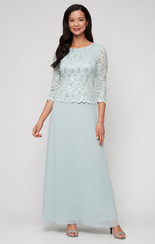 3/4 Sleeve Lace and Chiffon Gown with Scalloped Lace Detail