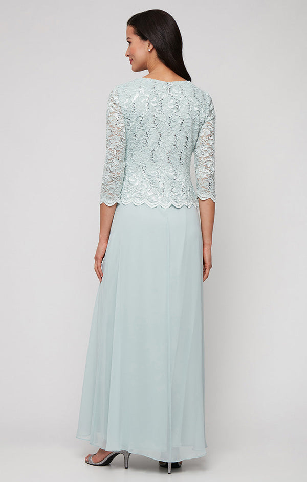 3/4 Sleeve Lace and Chiffon Gown with Scalloped Lace Detail