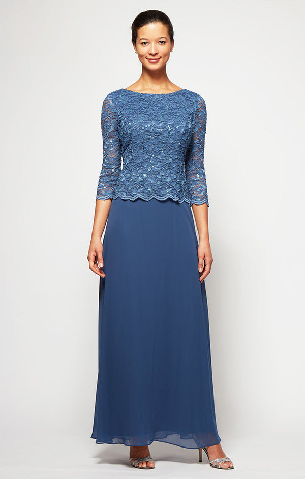 Petite Lace & Chiffon Gown with Scallop Edge Detail