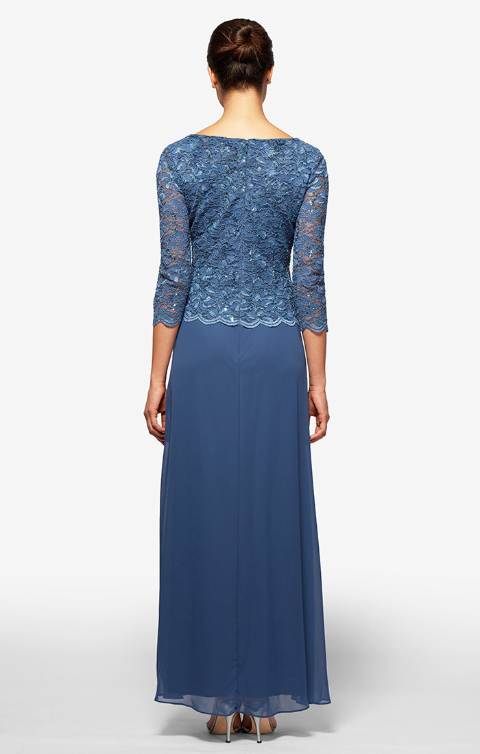 Petite Lace & Chiffon Gown with Scallop Edge Detail