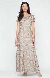 Rosette A-Line Gown with Sequin Detail & Short Illusion Sleeves