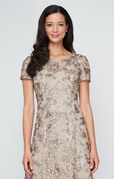 Rosette A-Line Gown with Sequin Detail & Short Illusion Sleeves