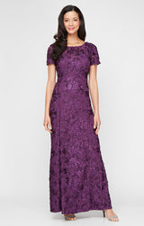 Rosette A-Line Gown with Sequin Detail & Short Illusion Sleeves