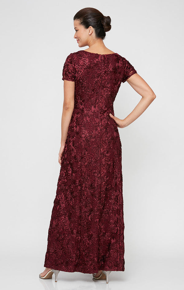 Rosette A-Line Gown with Sequin Detail & Short Illusion Sleeves