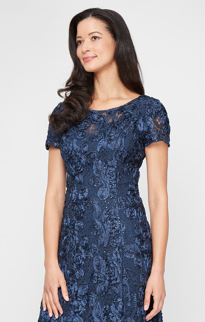 Rosette A-Line Gown with Sequin Detail & Short Illusion Sleeves