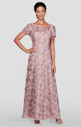 Rosette A-Line Gown with Sequin Detail & Short Illusion Sleeves