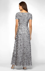 Petite Long Rosette A-Line Gown with Sequin Detail & Short Illusion Sleeves