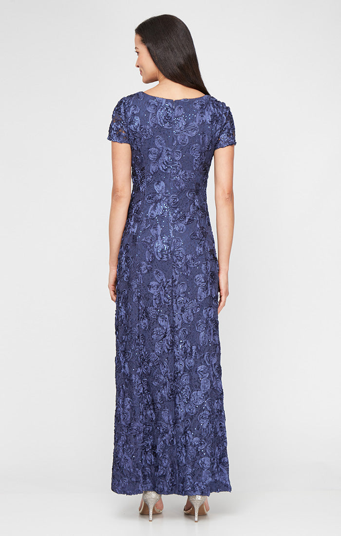 Petite Long Rosette A-Line Gown with Sequin Detail & Short Illusion Sleeves