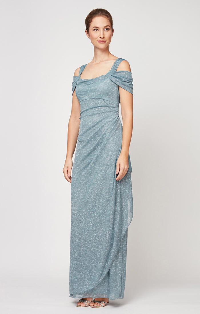 Cold Shoulder Glitter Mesh Dress with Draped Skirt & Cowl Neckline
