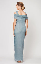 Cold Shoulder Glitter Mesh Dress with Draped Skirt & Cowl Neckline