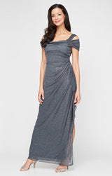 Cold Shoulder Glitter Mesh Dress with Draped Skirt & Cowl Neckline