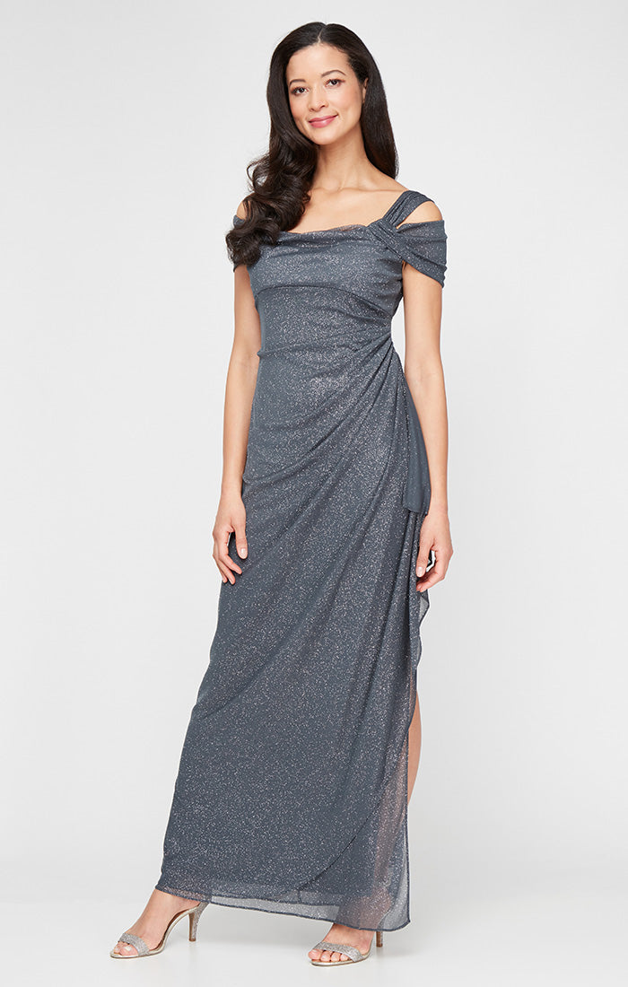 Cold Shoulder Glitter Mesh Dress with Draped Skirt & Cowl Neckline