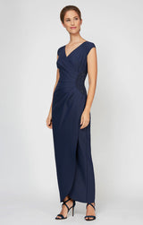 Long Cap Sleeve Contour Sheath Dress with Surplice Neckline and Hip Detail