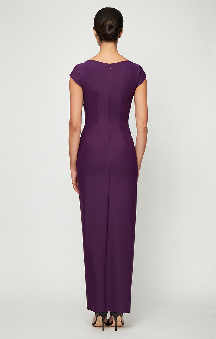 Long Cap Sleeve Contour Sheath Dress with Surplice Neckline and Hip Detail