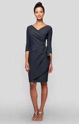 3/4 Sleeve Short Contour Collection Surplice Sheath Dress with Beaded Hip Detail & Cascade Ruffle Detail