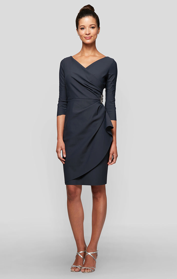 3/4 Sleeve Short Contour Collection Surplice Sheath Dress with Beaded Hip Detail & Cascade Ruffle Detail