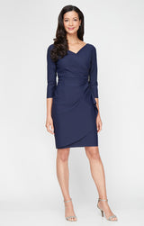 3/4 Sleeve Short Contour Collection Surplice Sheath Dress with Beaded Hip Detail & Cascade Ruffle Detail