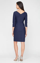 3/4 Sleeve Short Contour Collection Surplice Sheath Dress with Beaded Hip Detail & Cascade Ruffle Detail