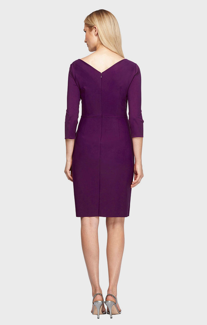 3/4 Sleeve Short Contour Collection Surplice Sheath Dress with Beaded Hip Detail & Cascade Ruffle Detail