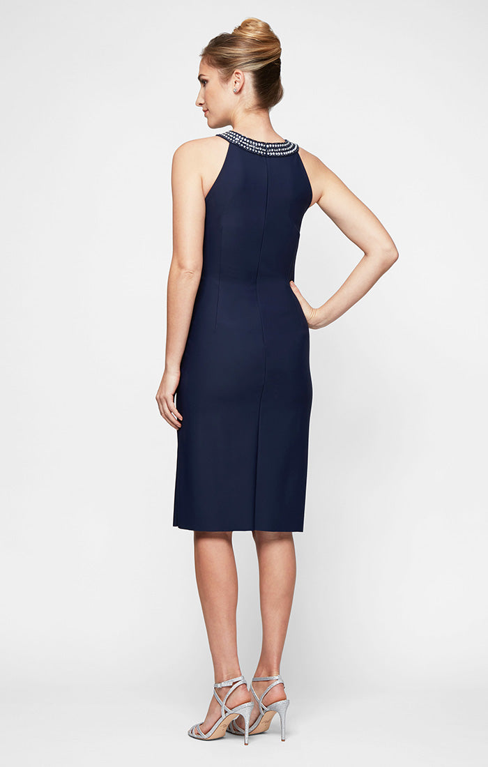 Sheath Contour Dress with Embellished Halter Style Neckline