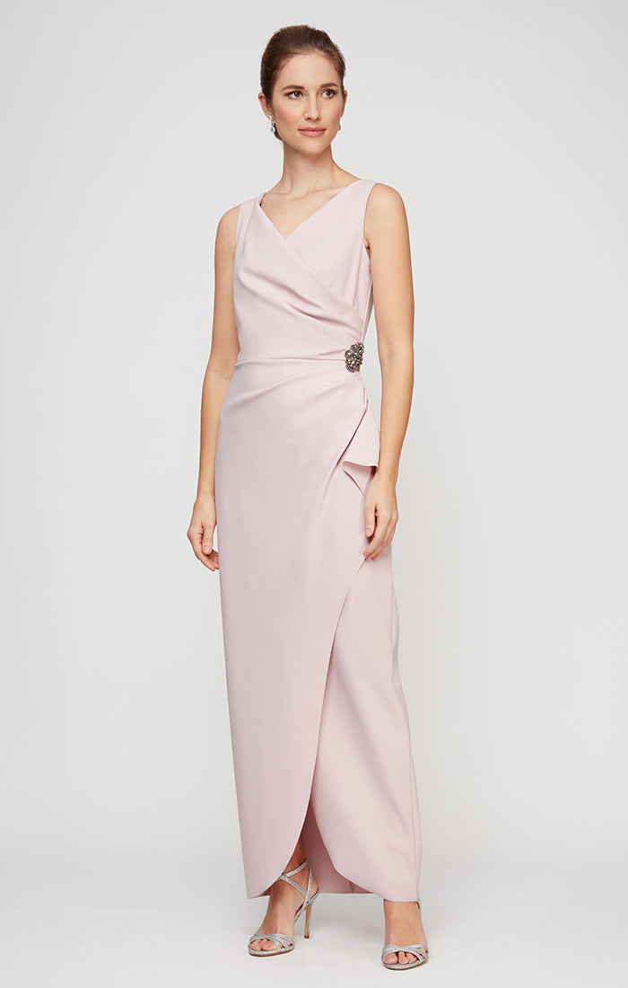 Sleeveless Contour Sheath Gown with Surplice Neckline & Beaded Detail at Hip
