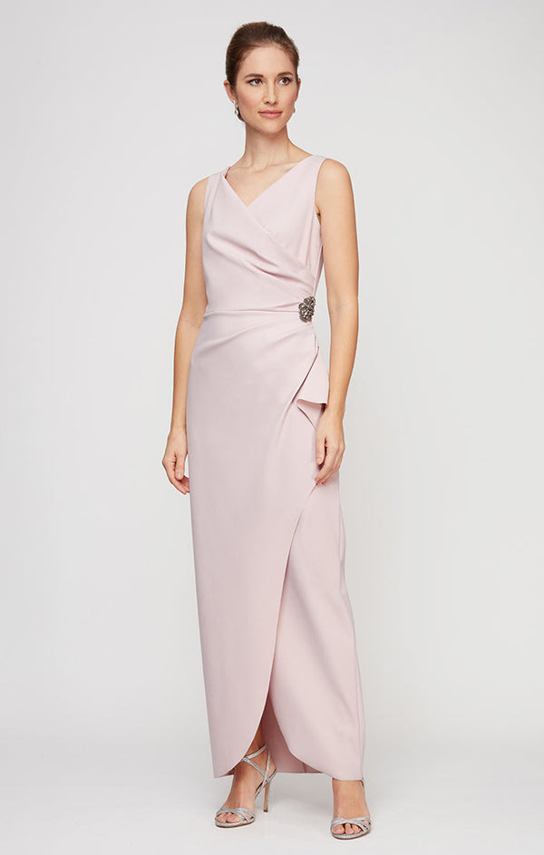 Petite Long Sleeveless Contour Sheath Gown with Surplice Neckline, Cascade Detail Skirt and Beaded Detail at Hip
