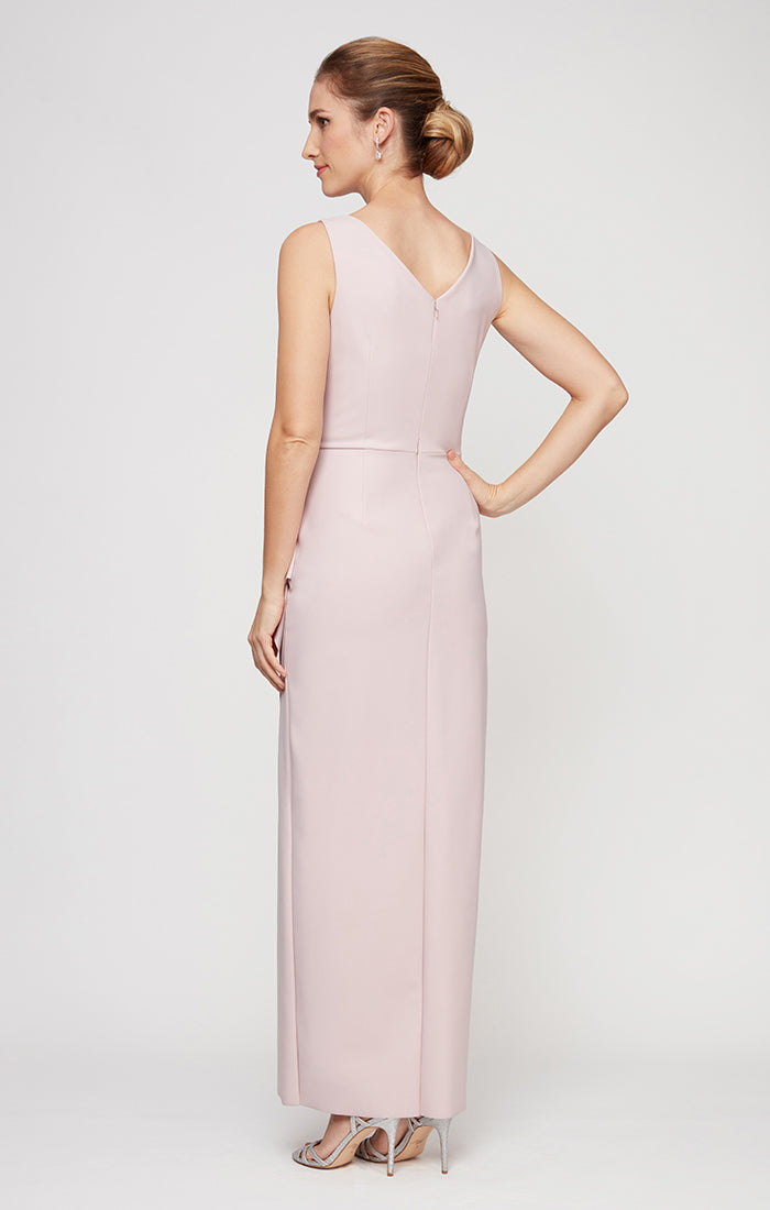 Petite Long Sleeveless Contour Sheath Gown with Surplice Neckline, Cascade Detail Skirt and Beaded Detail at Hip