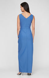 Petite Contour Long Sleeveless Sheath Gown with Surplice Neckline, Cascade Detail Skirt and Beaded Detail at Hip
