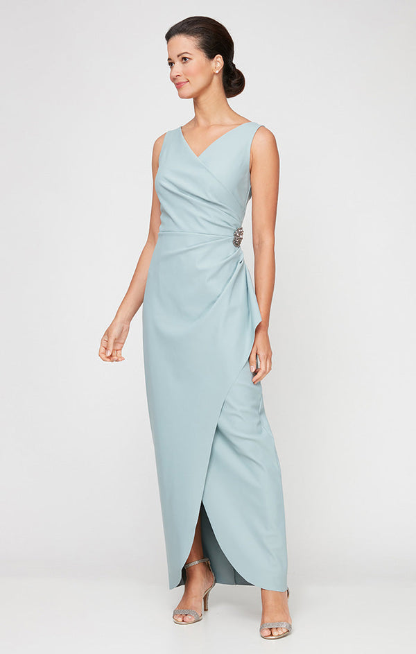 Sleeveless Contour Sheath Gown with Surplice Neckline & Beaded Detail at Hip