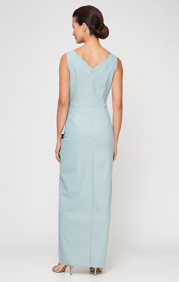 Sleeveless Contour Sheath Gown with Surplice Neckline & Beaded Detail at Hip