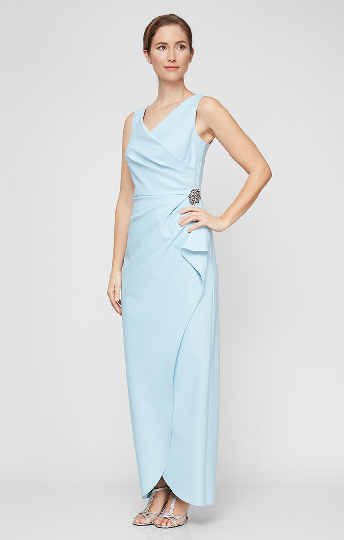 Sleeveless Contour Sheath Gown with Surplice Neckline & Beaded Detail at Hip