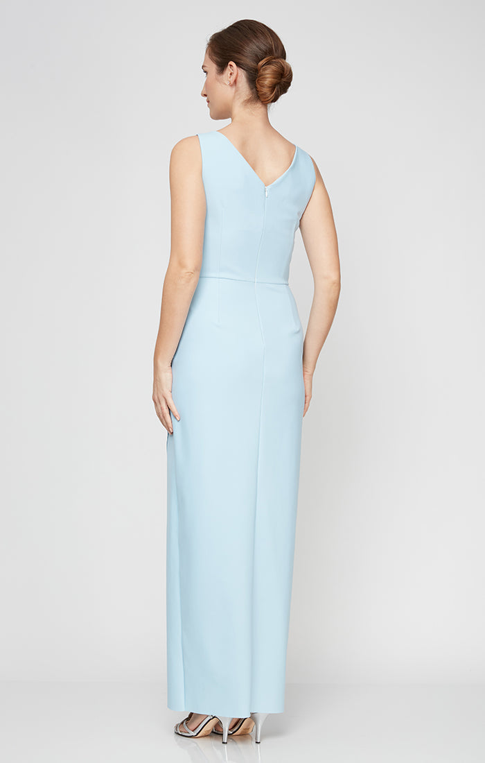 Petite Long Sleeveless Contour Sheath Gown with Surplice Neckline, Cascade Detail Skirt and Beaded Detail at Hip