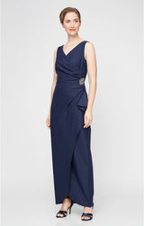Petite Contour Long Sleeveless Sheath Gown with Surplice Neckline, Cascade Detail Skirt and Beaded Detail at Hip