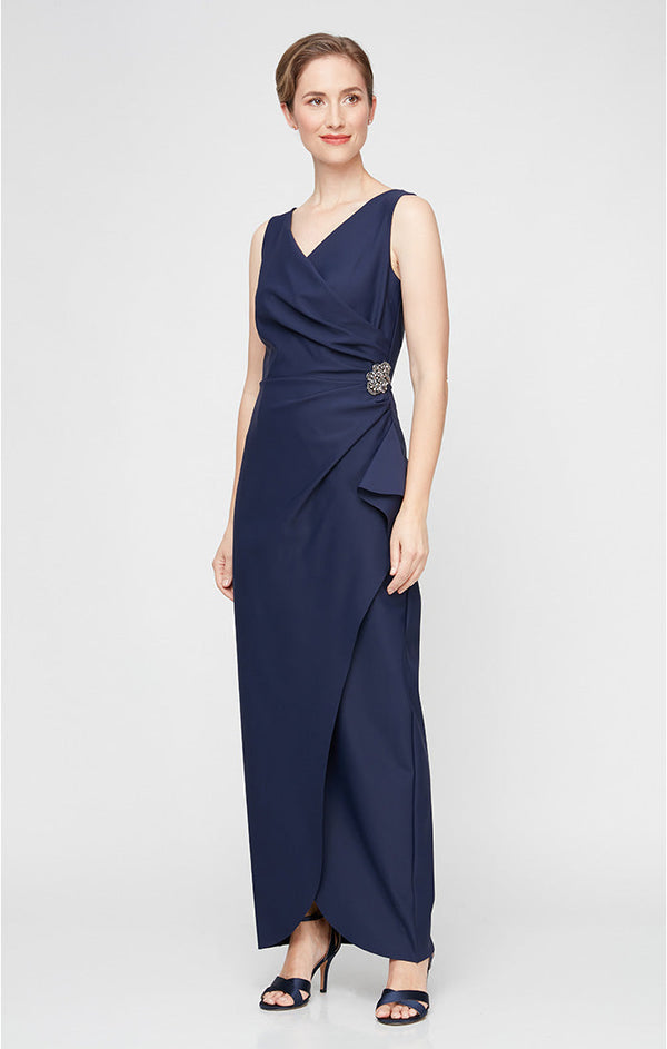 Petite Contour Long Sleeveless Sheath Gown with Surplice Neckline, Cascade Detail Skirt and Beaded Detail at Hip